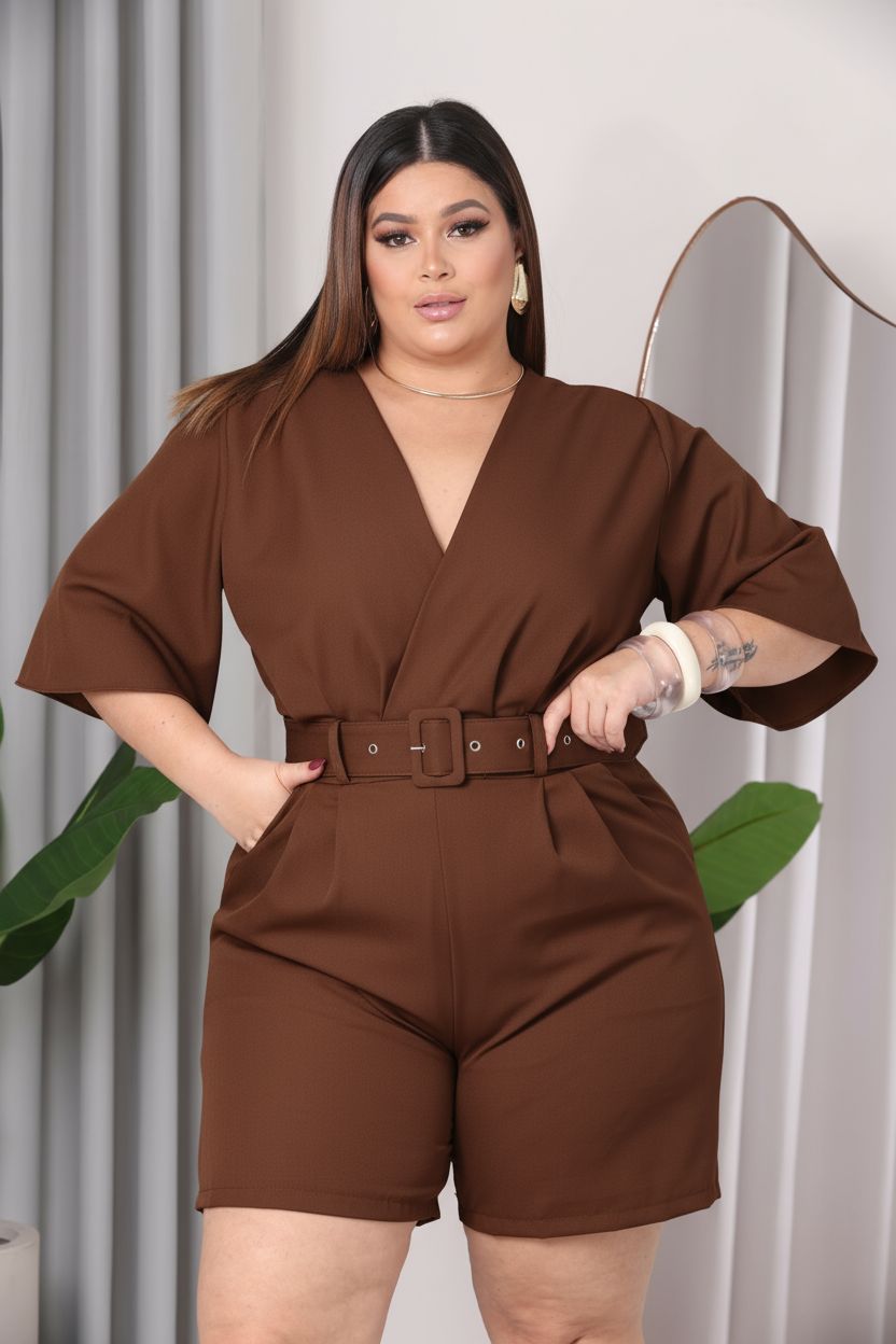 Macacão Manga Curta Verão Plus Size Feminino