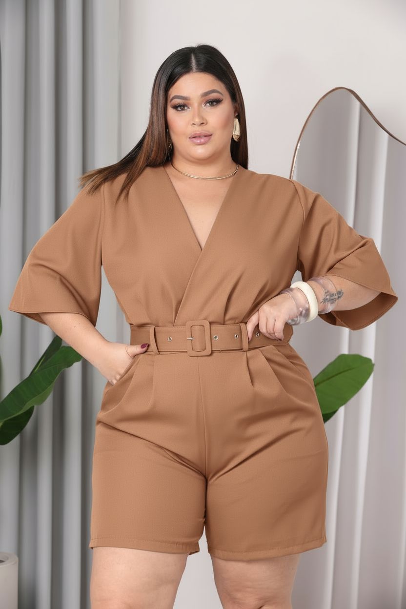 Macacão Manga Curta Verão Plus Size Feminino