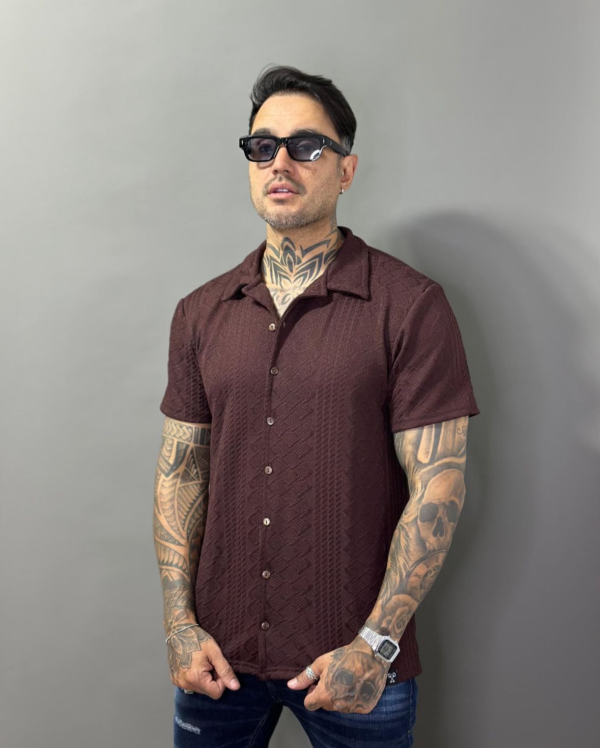 Camiseta texturizada Linho com Botões Masculino