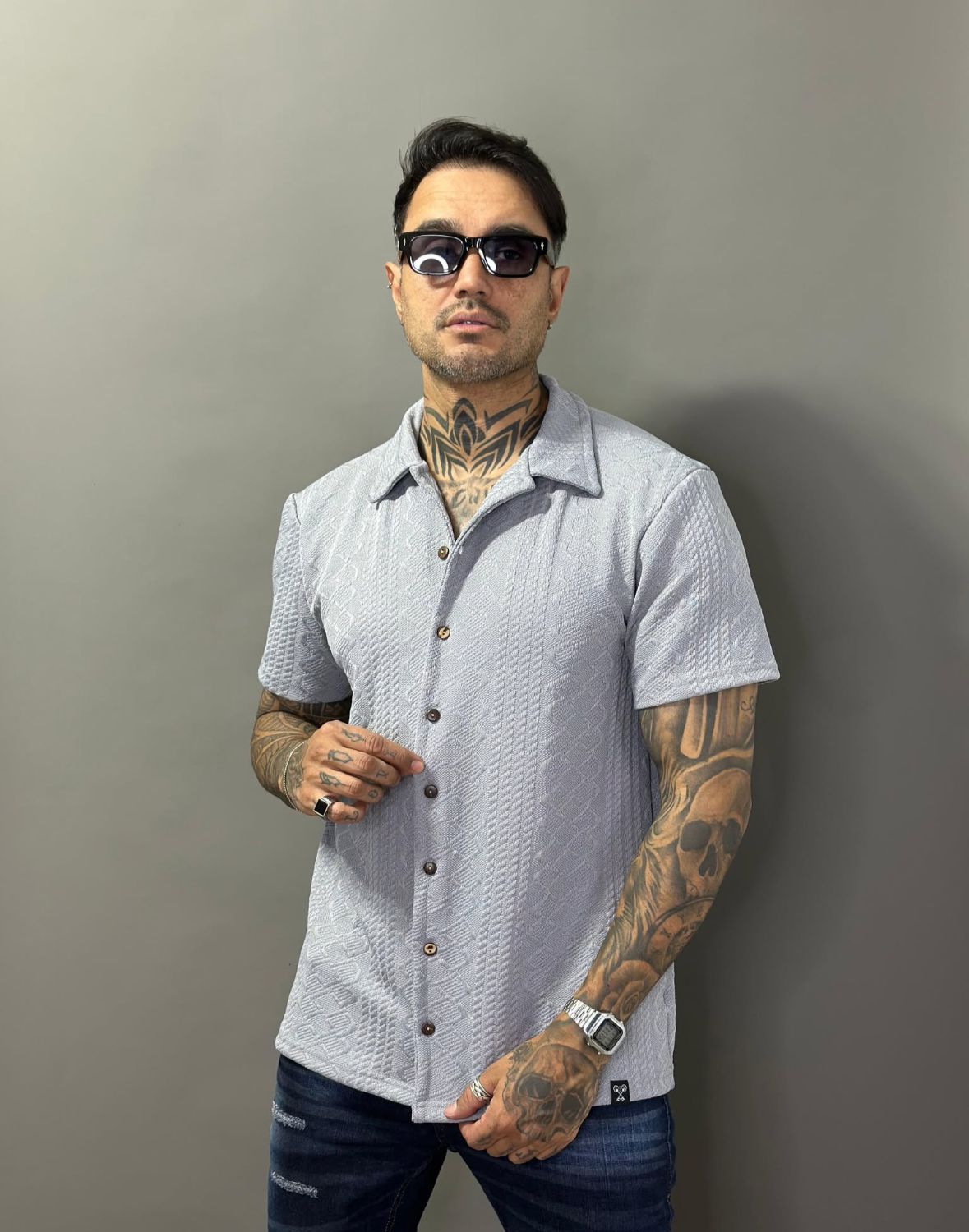 Camiseta texturizada Linho com Botões Masculino